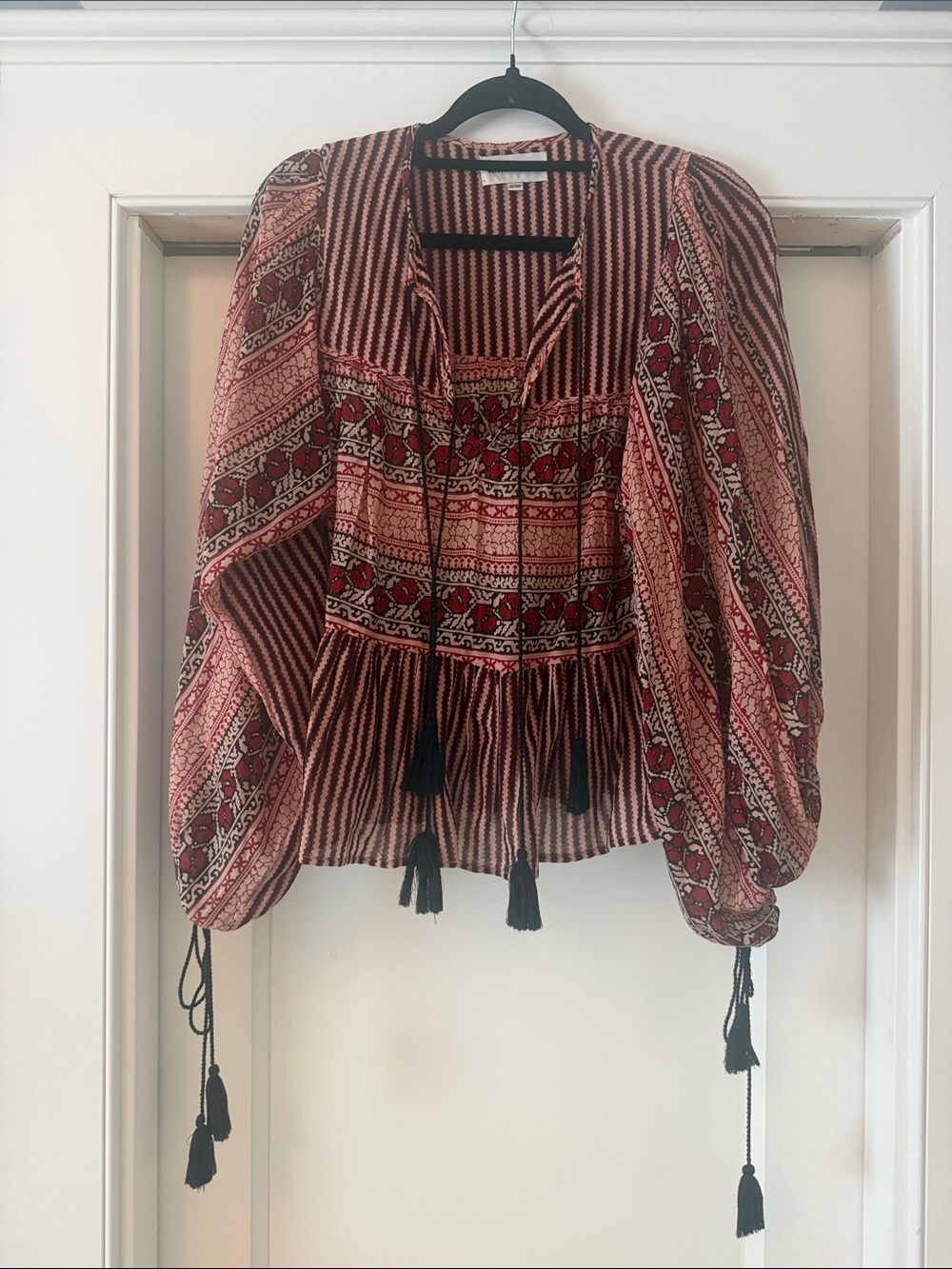Antik Batik Red and Cream Boho Tassel Peasant Blouse